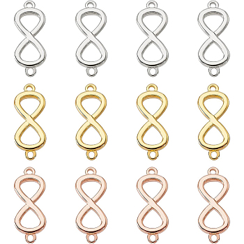 12Pcs 3 Colors Brass Links Connectors, Long-Lasting Plated, Infinity, Mixed Color, 16.5x6.5x1.5mm, Hole: 1mm, 4pcs/color