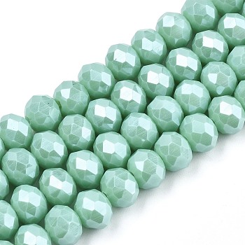 Electroplate Glass Beads Strands, Pearl Luster Plated, Faceted, Rondelle, Medium Aquamarine, 6x5mm, Hole: 1mm, about 85~88pcs/strand, 16.1~16.5 inch(41~42cm)