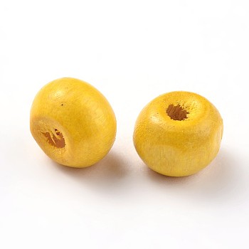 Dyed Natural Wood Beads, Round, Lead Free, Yellow, 10x9mm, Hole: 3mm