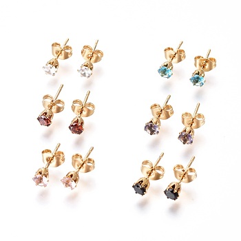 304 Stainless Steel Stud Earrings, with Rhinestone and Ear Nuts/Earring Back, Flat Round, Mixed Color, Golden, 15.5x6.5mm, Pin: 0.7mm, 12pairs/card