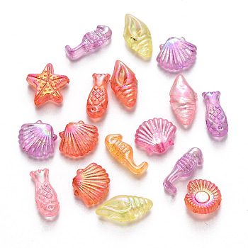 Transparent Acrylic Beads, AB Color Plated, Mixed Marine Organism Shapes, Mixed Color, 5~14x5~12x3.5~4.5mm, Hole: 1.6mm, about 2500pcs/500g