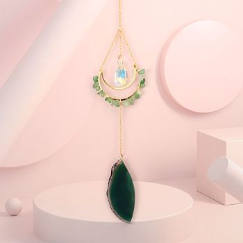 Natural Green Aventurine Chip Wrapped Moon Hanging Ornaments, Glass Teardrop and Agate Slices Tassel Suncatchers for Home Outdoor Decoration, 430mm