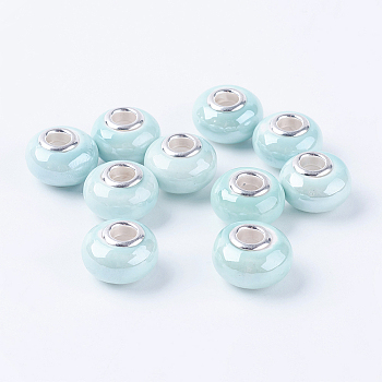 Rondelle porcelaine main turquoise grand trou perles européennes, avec noyaux double de couleur argente en alliage , 15x11mm, Trou: 5mm