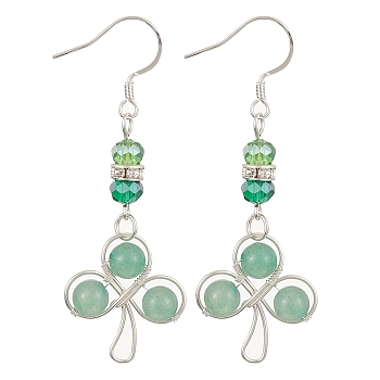 Natural Green Aventurine & Glass Beaded Clover Dangle Earrings, 304 Stainless Steel Wire Wrap Earrings, 57x20mm