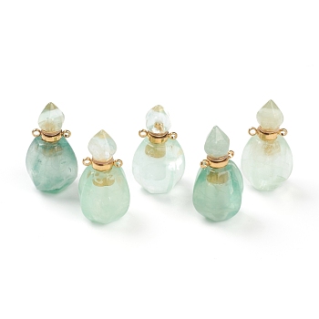 Faceted Natural Fluorite Pendants, Openable Perfume Bottle, with Golden Tone Brass Findings, 32~33x17~18x16mm, Hole: 2mm, capacity: 1ml(0.03 fl. oz)