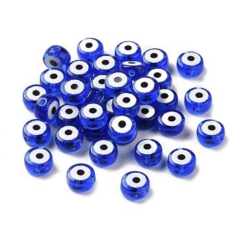 Transparent Acrylic Beads, Flat Round with Evil Eye Pattern, Medium Blue, 7x4mm, Hole: 1.5mm