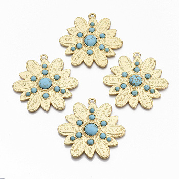 Alloy Big Pendants, with Synthetic Turquoise, Cadmium Free & Nickel Free & Lead Free, Flower with Motivational Words, Real 14K Matte Gold Plated, 64x64x6.5mm, Hole: 3.6mm
