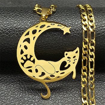 304 Stainless Steel Necklaces, Cat with Moon Pendant Necklaces, Golden, 20.20 inch(51.3cm)