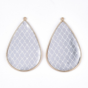 PU Leather Big Pendants, with Golden Plated Alloy Findings, teardrop, with Rhombus Pattern, Silver, 58x37x3mm, Hole: 1.6mm