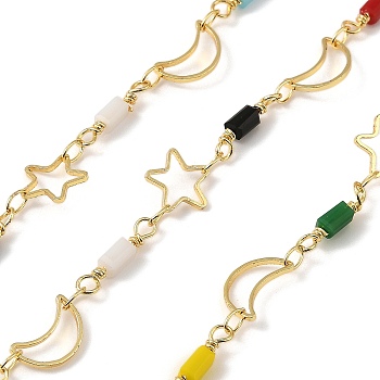 Brass Link Chains, with ABS Imitation Pearl & Glass, Unwelded, with Spool, Star & Moon, Real 18K Gold Plated, 8x8x0.75mm, about 32.81 Feet(10m)/Roll