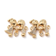 Brass Micro Pave Clear Cubic Zirconia Links Connectors, Long-Lasting Plated, Couples, Real 18K Gold Plated, 16.5x19.5x2.5mm, Hole: 1.5mm(ZIRC-Z018-16G)