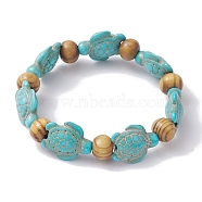 Beach Turtle Dyed Synthetic Turquoise Stretch Bracelets, Summer Wood Beaded Kid Bracelets for Girls, Turquoise, Inner Diameter: 1-5/8~1-7/8 inch(4.05~4.85cm), Bead: 7x8~8.5mm, Turtle: 17~18x13~14mm(BJEW-JB10291-02)