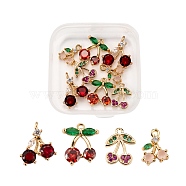 8Pcs Brass Micro Pave Clear Cubic Zirconia Charms, with Glass, Light Gold, Long-Lasting Plated, Cherry, Mixed Color, 11~14x8~13x1.5~5mm, Hole: 1.2mm(KK-LS0001-38)