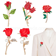 Elite 5Pcs 5 Styles Rose Flower Enamel Pins, Light Gold Alloy Badge for Backpack Clothes, Red, 37.5~58x22~33x7~16mm, 1Pc/style(JEWB-PH0001-28)