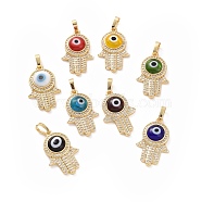 Brass Micro Pave Cubic Zirconia Pendants, with Handmade Evil Eye Lampwork, Hamsa Hand Charm, Real 18K Gold Plated, Mixed Color, 25x16x5mm, Hole: 4x6.5mm(ZIRC-F136-03G)
