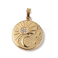 Ion Plating(IP) 304 Stainless Steel with Crystal Rhinestone Pendants, Flat Round with Moon & Sun Charms, Golden, 18x15.5x2mm, Hole: 2x4mm(STAS-G307-08G)