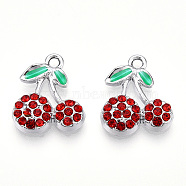 Rack Plating Alloy Pendants, with Rhinestone, Cherry, Hyacinth, 16.5x14x3.5mm, Hole: 1.8mm(FIND-N005-21P-C)