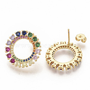 Brass Micro Pave Colorful Cubic Zirconia Stud Earrings, with Earring Backs, Round Ring, Real 16K Gold Plated, 19.5mm, Pin: 0.7mm(EJEW-S208-047)