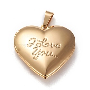 Valentine's Day Ion Plating(IP) 304 Stainless Steel Locket Pendants, Photo Frame Charms for Necklaces, Heart with Word I Love You, Real 18k Gold Plated, 29x29x7mm, Hole: 3x7mm, Inner Size: 16x21mm(STAS-K197-08G)