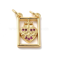 Rack Plating Brass Micro Pave Cubic Zirconia Pendants, Cadmium Free & Lead Free, Long-Lasting Plated, Real 18K Gold Plated, Rectangle with Heart, Medium Violet Red, 16.5x10x2mm, Jump Ring: 5x0.8mm, 3.4mm Inner Diameter(KK-E281-17G)