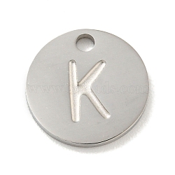 304 Stainless Steel Pendants, Laser Cut, Flat Round with Letter Charm, Stainless Steel Color, Letter K, 10x1mm, Hole: 1.4mm(FIND-M017-02P-K)