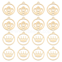 DICOSMETIC 16Pcs 2 Style 201 Stainless Steel Pendants, Laser Cut Pendants, Flat Round with Crown, Golden, 17x15x1mm and 17x15.5x1mm, Hole: 1.4mm, 8pcs/style(FIND-DC0001-57)