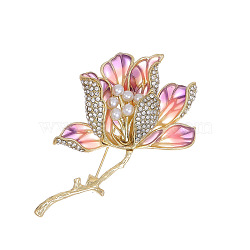 Light Gold Plated Alloy Enamel Flower Brooch, for Clothes, Pink, 53x44mm(PW-WG0DDB2-01)