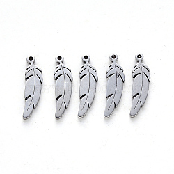 Tarnish Resistant 201 Stainless Steel Pendants, Laser Cut, Feather, Stainless Steel Color, 17x4.5x1mm, Hole: 1mm(STAS-N092-13)