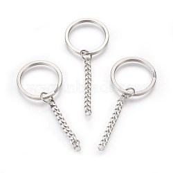 Tarnish Resistant 304 Stainless Steel Split Key Rings, Keychain Clasp Findings, with Chains, Stainless Steel Color, 75mm, 30x2.5mm(STAS-G188-01P-30mm)