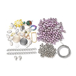 DIY Jewelry Making Finding Kit, Including Steel Wire, Acrylic Round Beads, Stainless Steel Beads & Clasps & End Chains, Mixed Shape Pendants, Mixed Color(DIY-XCP0002-85)