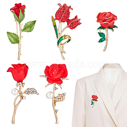 Elite 5Pcs 5 Styles Rose Flower Enamel Pins, Light Gold Alloy Badge for Backpack Clothes, Red, 37.5~63x22~33x7~16mm, 1Pc/style(JEWB-PH0001-28)