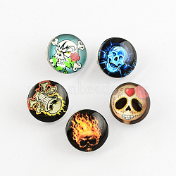 Brass Jewelry Snap Buttons, with Glass Cabochons, Flat Round with Skull, for Halloween, Platinum Metal Color, Mixed Color, 18x8~10mm, Knob: 5~5.5mm(GLAA-R031-M4)
