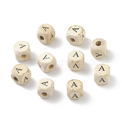 (Defective Closeout Sale: Wood Texture Marking) Printed Natural Wood Beads, Horizontal Hole, Cube with Capital Letter A, PapayaWhip, 10x10x10mm, Hole: 3.5~3.8mm, about 1000pcs/500g(WOOD-XCP0001-53)