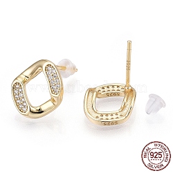 925 Sterling Silver Micro Pave Cubic Zirconia Twist Rhombus Stud Earrings, Nickel Free, Real 18K Gold Plated, 12x11mm, Pin: 0.8mm(STER-T004-22G)