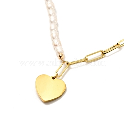 Heart Pendent Necklace for Girl Women, Natural Pearl Beads Necklace, Brass Paperclip Chain Necklace, Golden, Seashell Color, 16.89 inch(42.9cm)(NJEW-JN03681)