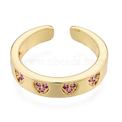 Magenta Cubic Zirconia Heart Open Cuff Ring, Brass Jewelry for Women, Real 18K Gold Plated, US Size 6 1/4(16.7mm)(RJEW-G261-16G)