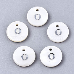Natural Freshwater Shell Pendants, with Platinum Plated Iron Etched Metal Embellishments, Flat Round with Initial Letter, White, Letter.O, 11x2mm, Hole: 1.5mm(X-SHEL-Q018-01A-O-P)