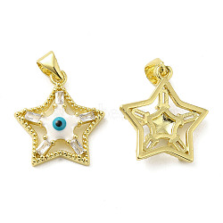 Rack Plating Brass Micro Pave Clear Cubic Zirconia Pendants, with Enamel, Long-Lasting Plated, Cadmium Free & Lead Free, Star with Evil Eye Charm, Real 18K Gold Plated, 18.5x16.5x3mm, Hole: 4x3.5mm(KK-Q784-27G)
