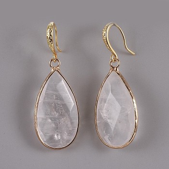 Teardrop Natural Quartz Crystal Dangle Earrings, with Brass Earring Hooks, Packing Box, Real 18K Gold Plated, 45.5~46mm, Pin: 0.7mm