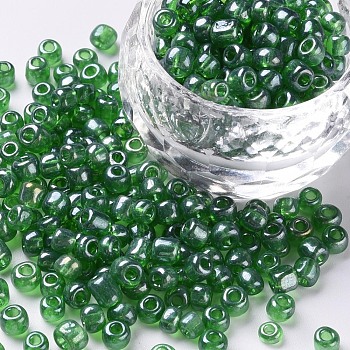 6/0 Glass Seed Beads, Trans. Colours Lustered, Round, Green, 4mm, Hole: 1.5mm, about 1000pcs/100g