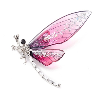 Dragonfly Enamel Pin, Exquisite Insect Alloy Rhinestone Brooch for Women Girl, Platinum, Deep Pink, 47x60x2mm, Pin: 0.7mm