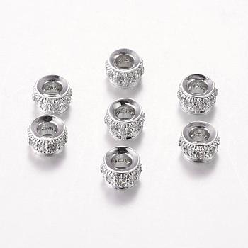 Brass Cubic Zirconia Beads, Rondelle, Platinum, 6x4mm, Hole: 3mm
