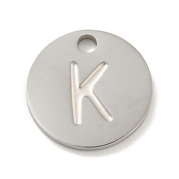 304 Stainless Steel Pendants, Laser Cut, Flat Round with Letter Charm, Stainless Steel Color, Letter K, 10x1mm, Hole: 1.4mm