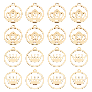 DICOSMETIC 16Pcs 2 Style 201 Stainless Steel Pendants, Laser Cut Pendants, Flat Round with Crown, Golden, 17x15x1mm and 17x15.5x1mm, Hole: 1.4mm, 8pcs/style