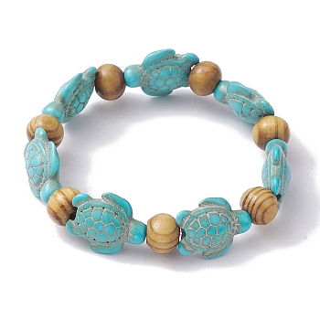 Beach Turtle Dyed Synthetic Turquoise Stretch Bracelets, Summer Wood Beaded Kid Bracelets for Girls, Turquoise, Inner Diameter: 1-5/8~1-7/8 inch(4.05~4.85cm), Bead: 7x8~8.5mm, Turtle: 17~18x13~14mm
