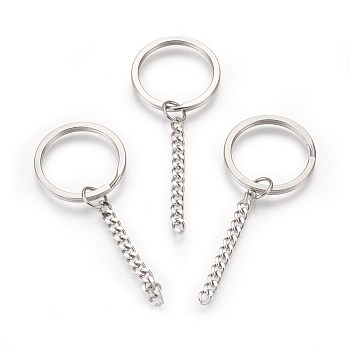 304 Stainless Steel Split Key Rings, Keychain Clasp Findings, with Chains, Stainless Steel Color, 75mm, 30x2.5mm