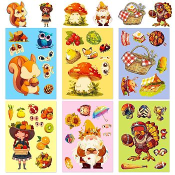 6Pcs Thanksgiving Day Cartoon Paper Self-Adhesive Picture Stickers, for Water Bottles, Laptop, Luggage, Cup, Computer, Mobile Phone, Skateboard, Guitar Stickers Decor, Mixed Color, 210x150x0.1mm, 6pcs/set
