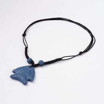Fish Lava Rock Pendants Necklaces, with Waxed Cotton Cord, Steel Blue, 18.5 inch~32.8 inch