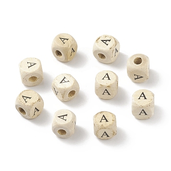 (Defective Closeout Sale: Wood Texture Marking) Printed Natural Wood Beads, Horizontal Hole, Cube with Capital Letter A, PapayaWhip, 10x10x10mm, Hole: 3.5~3.8mm, about 1000pcs/500g