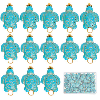 80Pcs Dyed Synthetic Turquoise Pendants, with Alloy Spacer Beads and Golden Tone Brass Ball Loops, Tortoise Charm, Turquoise, 22x14.5x7.5mm, Hole: 1.4mm